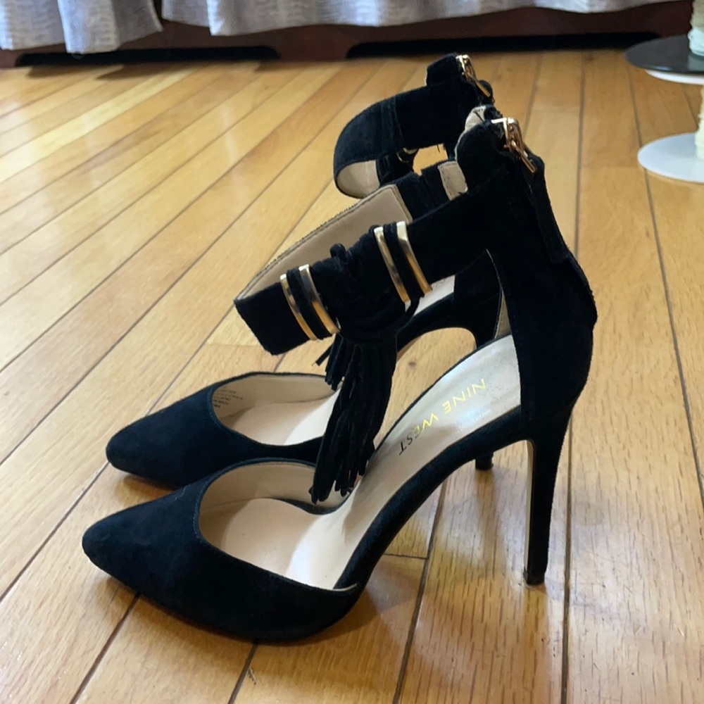 Pointy-toe stilettos with ankle strap and fringe